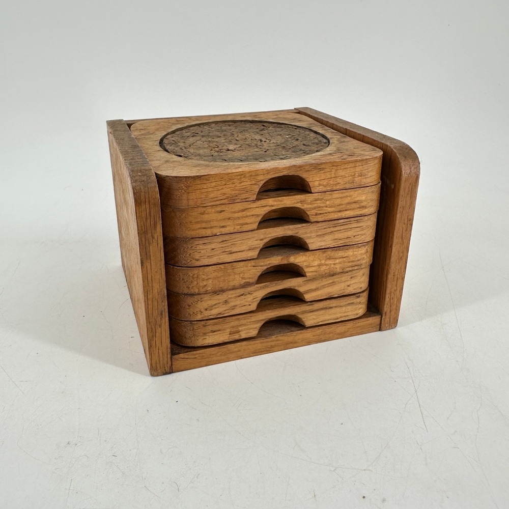 Vintage Mid Century Modern Wood and Cork Coaster Set with Caddy 6 Piece Brown